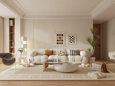 Modern White Living Room Interior With Sofa Coffee Table Potted Plant And Decorative Paintings 3d model