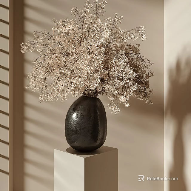 Black Vase With White Dried Flowers On White Cube Pedestal Minimalist Modern Light Shadow Effects 3d model 