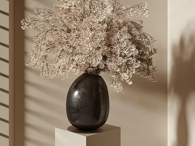 Black Vase With White Dried Flowers On White Cube Pedestal Minimalist Modern Light Shadow Effects 3d model