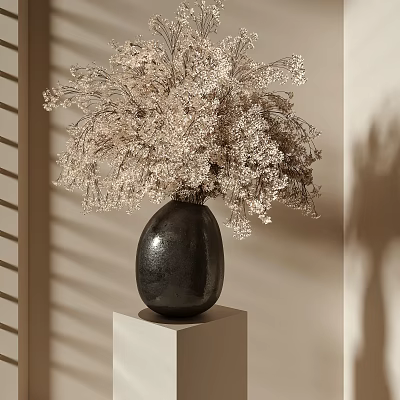 Black Vase With White Dried Flowers On White Cube Pedestal Minimalist Modern Light Shadow Effects 3d model