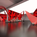 Art Installation Featuring Red Wavy Structures Red Background Wall And Spherical Elements In Indoor Space 3d model