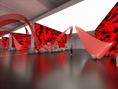 Art Installation Featuring Red Wavy Structures Red Background Wall And Spherical Elements In Indoor Space 3d model