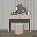 Light Gray Dressing Table with Round Gold Mirror Cosmetics and Ribbed Stool on Striped Wall 3d model