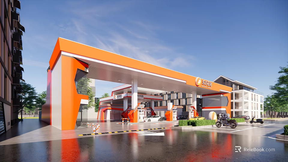 Orange Canopy Gas Station With Fuel Dispensers Motorcycle And Blue Sky 3d model 