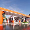 Orange Canopy Gas Station With Fuel Dispensers Motorcycle And Blue Sky