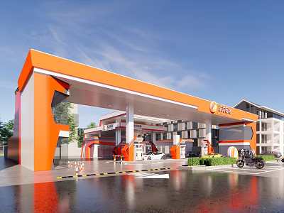 Orange Canopy Gas Station With Fuel Dispensers Motorcycle And Blue Sky 3d model