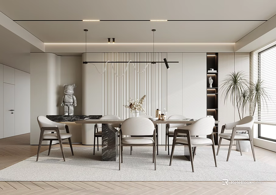 Elegant Modern Restaurant Interior With Dining Table Chairs Pendant Lights And Green Plants 3d model 