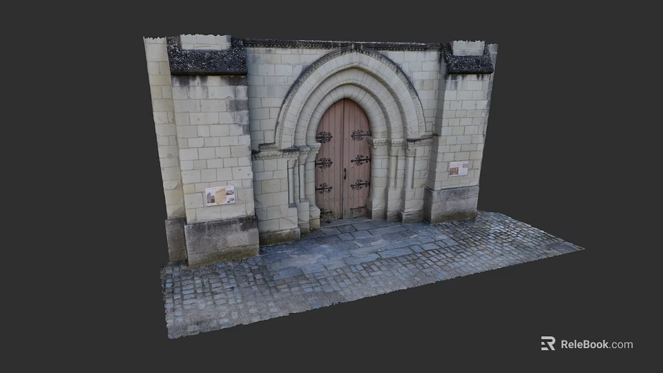 Medieval Arched Wooden Gate With Stone Walls And Cobblestone Path 3d model