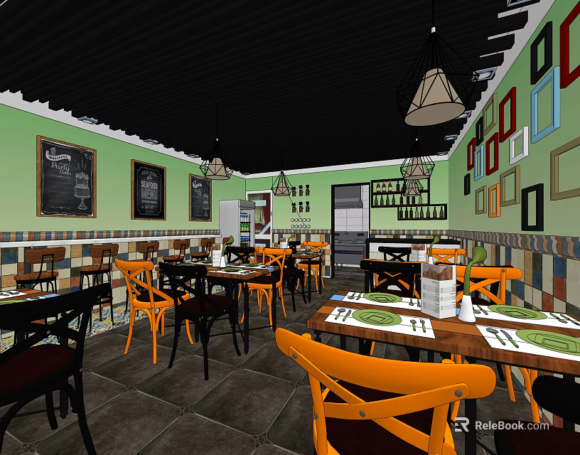 Cozy Restaurant Interior With Orange Chairs Dining Tables Colorful Framed Wall And Pendant Lights 3d model 