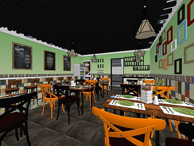 Cozy Restaurant Interior With Orange Chairs Dining Tables Colorful Framed Wall And Pendant Lights 3d model
