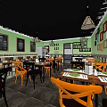 Cozy Restaurant Interior With Orange Chairs Dining Tables Colorful Framed Wall And Pendant Lights