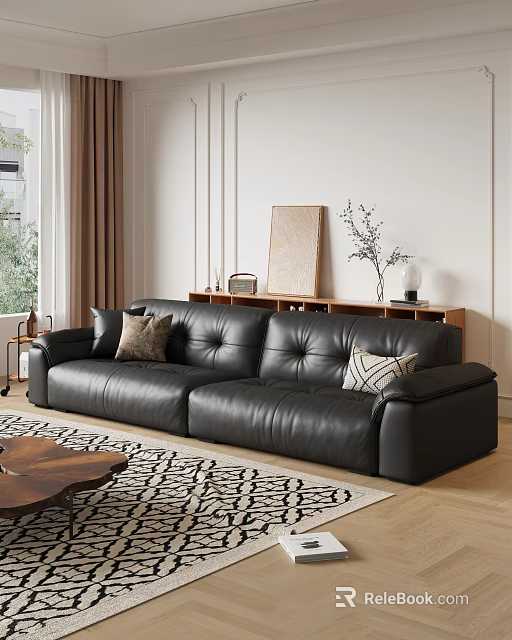 Modern Black Leather Sofa And Wooden Coffee Table Set With Decorative Pillows And Area Rug 3d model 