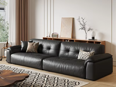Modern Black Leather Sofa And Wooden Coffee Table Set With Decorative Pillows And Area Rug 3d model