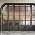 Black Frame Arched Top Textured Glass Folding Doors With Light Wall Gray Floor And Potted Plant