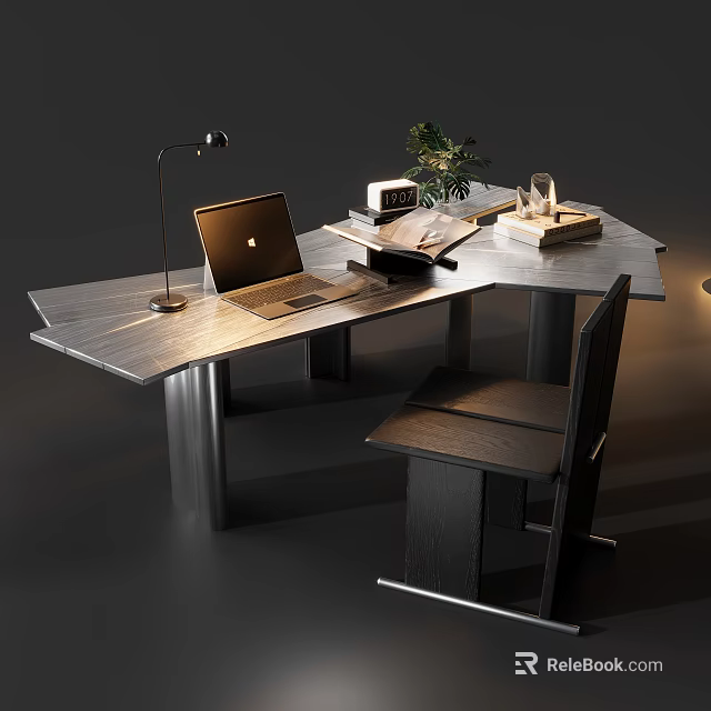 Modern Unique Irregular Stone Home Office Desk With Chic Workspace Decorations And Stylish Matching Chair 3d model 