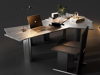 Modern Unique Irregular Stone Home Office Desk With Chic Workspace Decorations And Stylish Matching Chair 3d model