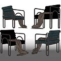 Modern Black and Blue Accent Chairs with Metal Frame Curved Armrests Striped Cushions and Blanket