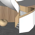 Elegant Modern Spiral Staircase With Wooden Walls Warm Lighting Marble Flooring And Golden Ornament