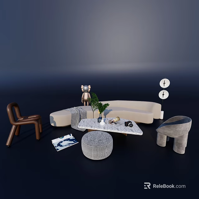 Modern Living Room Sofa Coffee Table Combination With Curved Beige Sofa Marble Top And Green Plant 3d model 