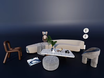 Modern Living Room Sofa Coffee Table Combination With Curved Beige Sofa Marble Top And Green Plant 3d model