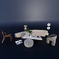 Modern Living Room Sofa Coffee Table Combination With Curved Beige Sofa Marble Top And Green Plant