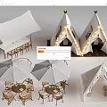Outdoor Tepee Tents with Decorative String Lights Tables Chairs and Umbrellas