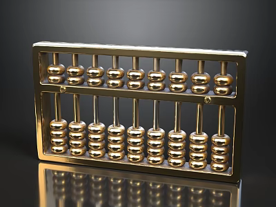 Golden Metal Abacus With Shiny Beads On Black Reflective Surface 3d model