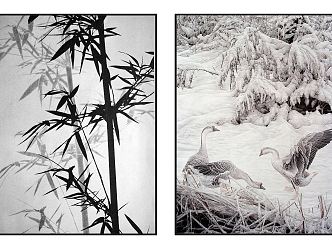 New Chinese Plant Painting Zen High-grade Grey Bamboo Poultry Pattern Hanging Painting Combination 3d model