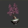 Pink Cherry Blossom Tree with Small Fox Underneath Falling Petals and Island Base