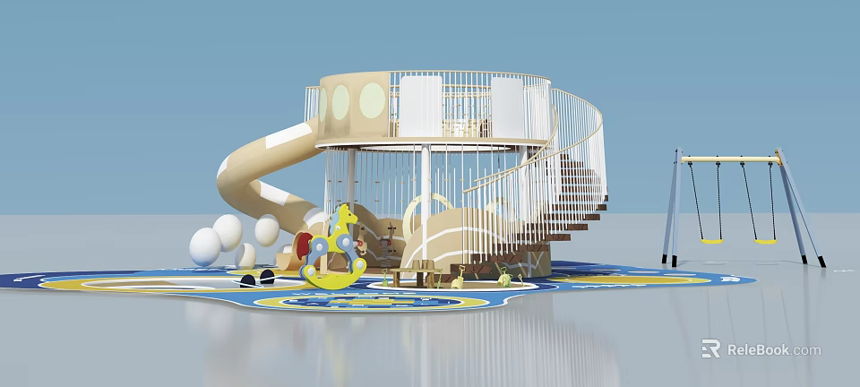 Kids Playground Area Featuring Swing Door Slide Spiral Staircase And Toys 3d model 