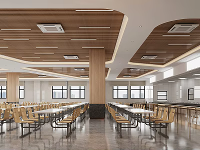 Spacious Dining Hall With Wooden Ceiling And Arranged Seats 3d model
