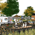 Scenic Campsite With Camper Van Tents Shade Umbrellas Wooden Tables Surrounding Trees And Green Grass