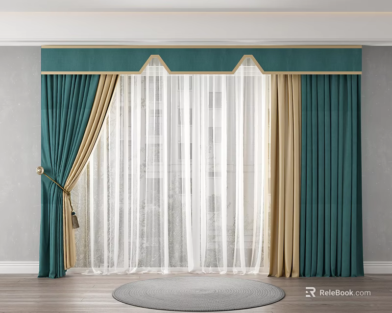 Elegant Green And Beige Curtains With Sheer Layer And Decorative Valance Top 3d model