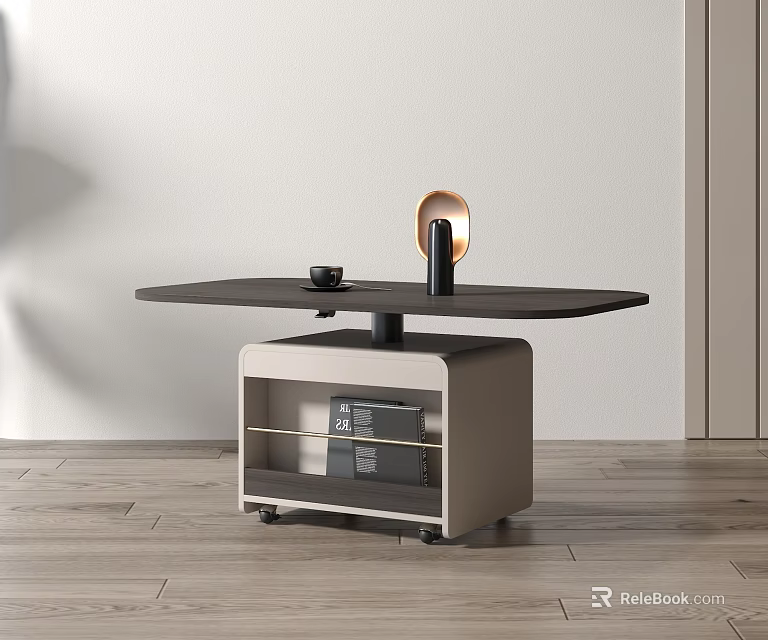 Minimalist Side Table Featuring Dark Top Light Cabinet Movable Base And Decorative Lamp 3d model