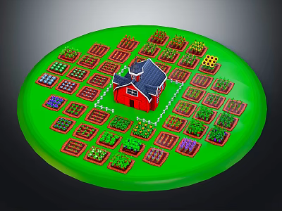 Cartoon Garden Scene With Green Circular Field Arranged Plots Various Plants And Red Central House 3d model