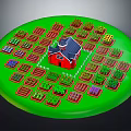 Cartoon Garden Scene With Green Circular Field Arranged Plots Various Plants And Red Central House