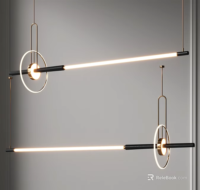 Modern Linear Pendant Lights With Black Metal Rods Golden Circular Rings Illuminated On Gray Wall 3d model 