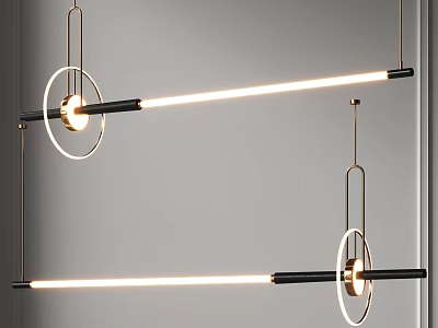 Modern Linear Pendant Lights With Black Metal Rods Golden Circular Rings Illuminated On Gray Wall 3d model