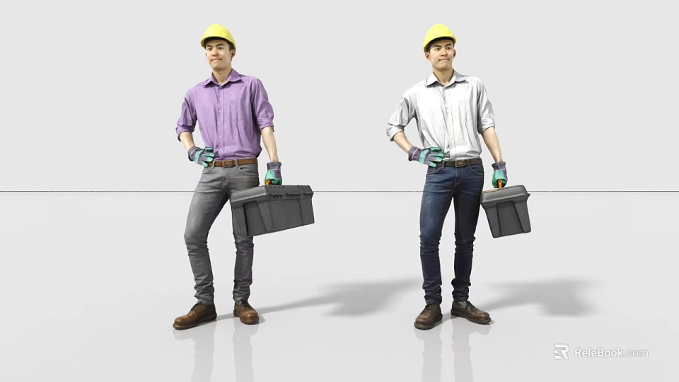 Two Men Wearing Yellow Hard Hats Holding Toolboxes in Casual Shirts Standing Confidently 3d model 