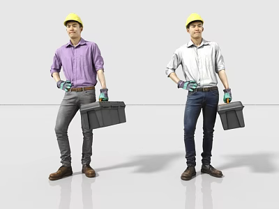 Two Men Wearing Yellow Hard Hats Holding Toolboxes in Casual Shirts Standing Confidently 3d model