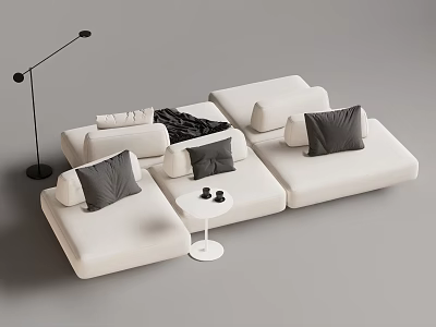 Modern White Sectional Sofa With Grey Cushions Black Throw Blanket And Floor Lamp 3d model