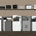 Modern Office Appliances Display Featuring Different Models Multifunctional Printers Copiers On Shelves 3d model