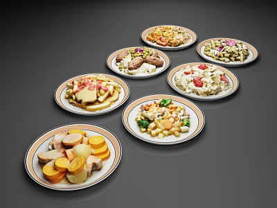 Assorted Plated Dishes Featuring Different Savory and Colorful Food Varieties 3d model