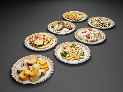 Assorted Plated Dishes Featuring Different Savory and Colorful Food Varieties 3d model