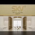 SKV Exhibition Booth With Golden Hexagonal Design Glass Facade And Innovation Beauty Interior