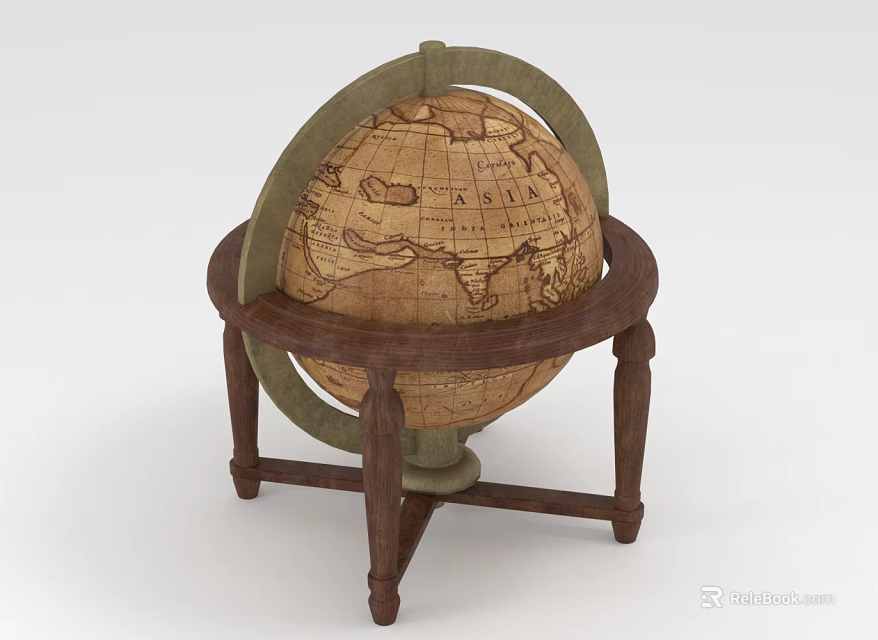 Vintage Globe Decorative Ornament Set with Wooden Stand and Map Design for Home Decor Accent 3d model 