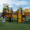 Outdoor Playground Equipment With Yellow Structure Slides Climbing Frames Round Canopies On Green Lawn
