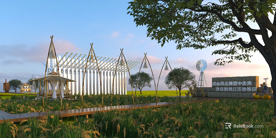 Shanghai Park Landscape With Modern Pavilion Windmill Wooden Walkway Green Lawn And Trees 3d model 