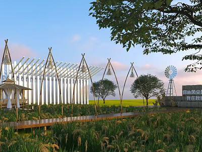 Shanghai Park Landscape With Modern Pavilion Windmill Wooden Walkway Green Lawn And Trees 3d model