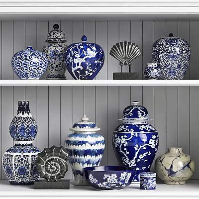 Blue And White Ceramic Vessels With Traditional Decorative Patterns On Display Shelf 3d model